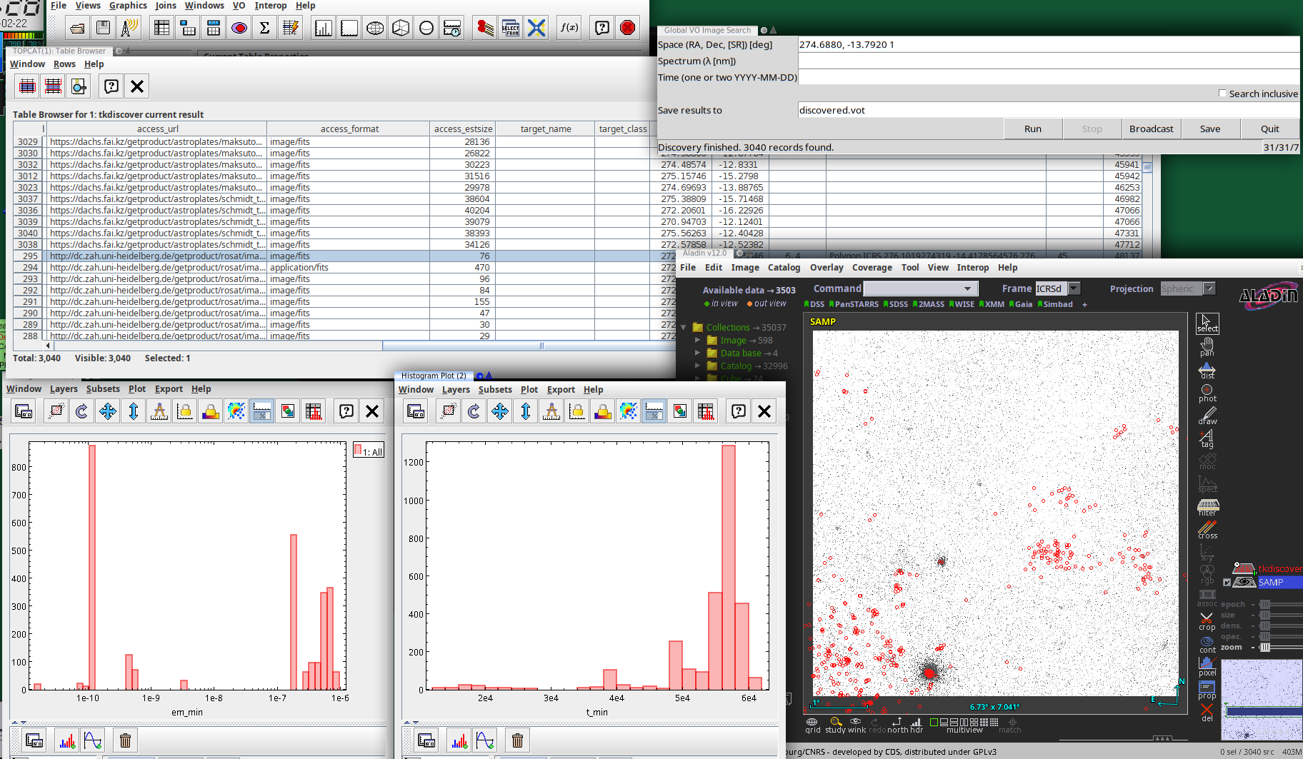 Lots of TOPCAT windows with various graphs and tables, an x-ray image of the sky with overplotted points, and a play gray window offering the specification of space, spectrum, and time constraints.