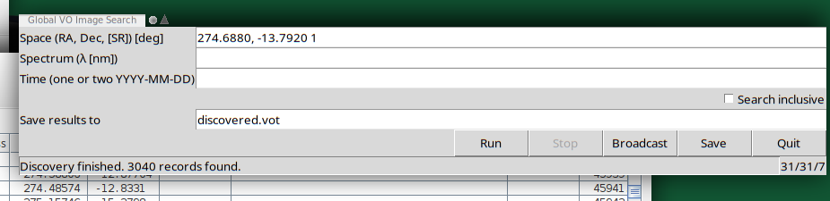 A Tkinter user interface with inputs for Space, Spectrum, and Time, a checkbox marked "inclusive", and buttons Run, Stop, Broadcast, Save, and Quit.